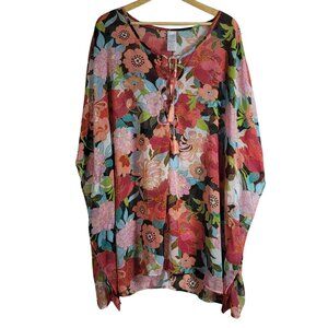 Time and Tru Swim Cover Up Multicolor Size 20 2X Sheer Floral Lace Up Pullover